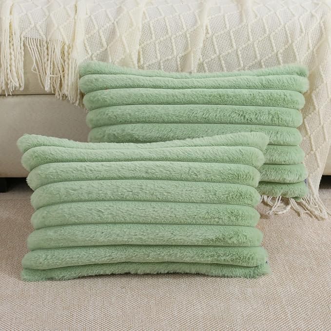 FUTEI Sage Green Striped Decorative Throw Pillow Covers 12x20 Inch Set of 2,Rectangle Winter Decorations Couch Lumbar Pillowcase,Soft Cozy Faux Rabbit Fur & Velvet Back,Modern Home Decor for Bed