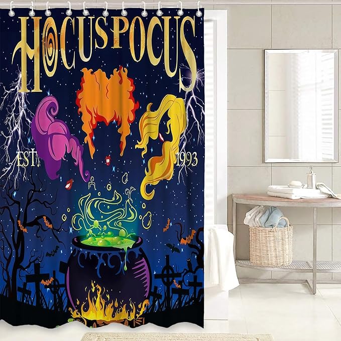 4 Pcs Halloween Shower Curtain Set, with Non-Slip Rugs,Toilet Lid Cover and Bath Mat, Hocus Pocus Decor for Bathroom, Halloween Party Gifts Supplies