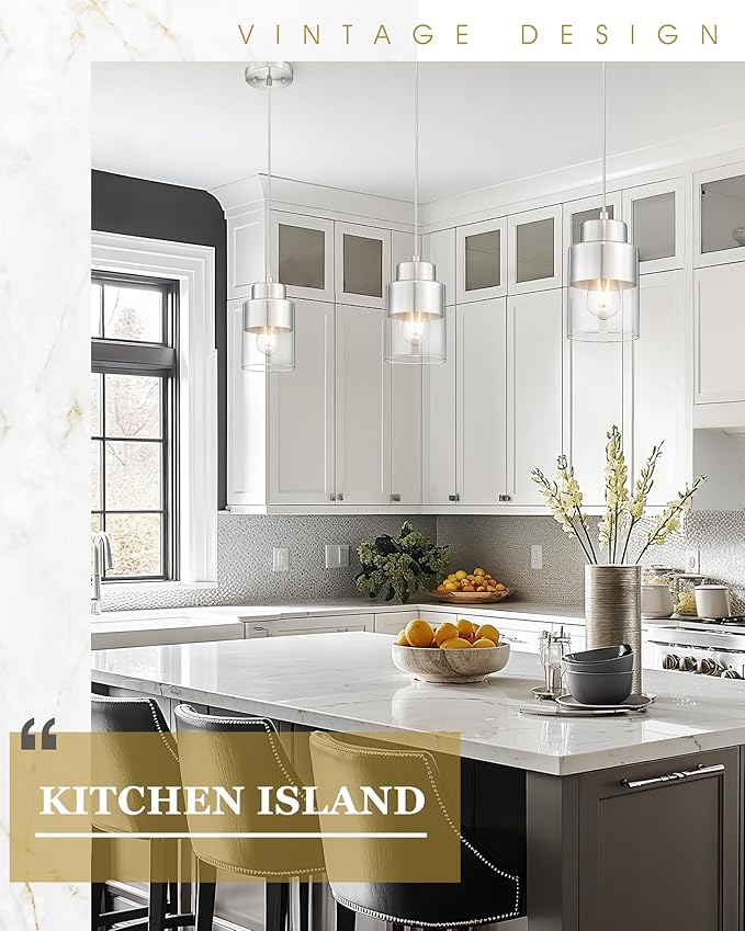 Pendant Lights Kitchen Island, Brushed Nickel Dual Shade Hanging Lights Fixtures with Metal and Clear Glass, Modern Kitchen Pendant Lighting Over Island for Dining Room, AD-24022-1P-SN
