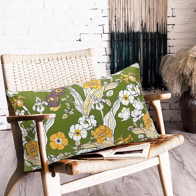 Decorative Throw Pillow Covers Set of 2 Green Pillow Covers 12x20 inch Soft Short Plush Square Freesia Floral Throw Pillows,Farmhouse Outdoor Pillow Covers for Couch Sofa Bed Living Room