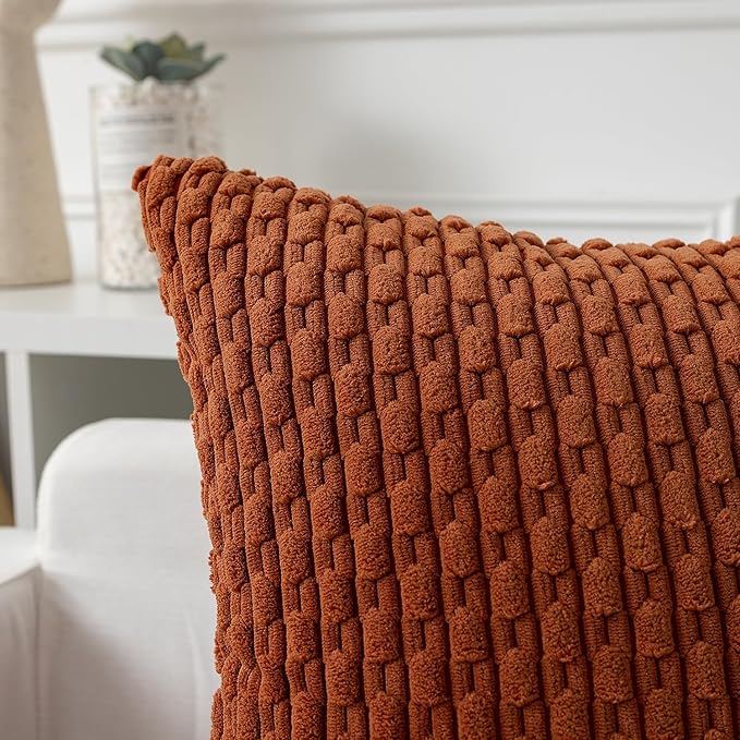 Kevin Textile Fall Throw Pillow Covers Soft Corduroy Decorative Set of 2 Boho Striped Pillow Covers Pillowcases Farmhouse Home Decor for Couch Bed Sofa Living Room 18x18 Inch Rust Brown