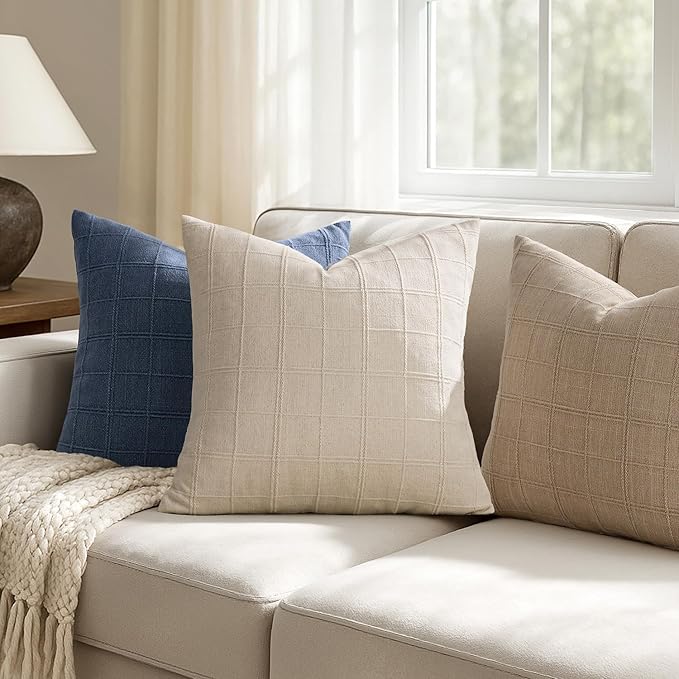Woaboy Linen Check Throw Pillow Covers Set of 2 - Natural Beige Farmhouse Modern Boho Vintage Decorative Cushion Covers for Sofa Couch Bedroom Living Room Decor 20x20 Inch
