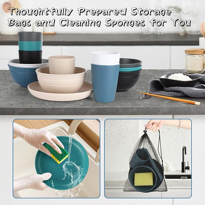 48 Pcs Wheat Straw Dinnerware Sets, Unbreakable Dinnerware Set, Reusable Wheat Straw Plates and Bowls Set for 6, Camping Mess Kit for Travel,Camping Essentials,Picnic,Home,Party