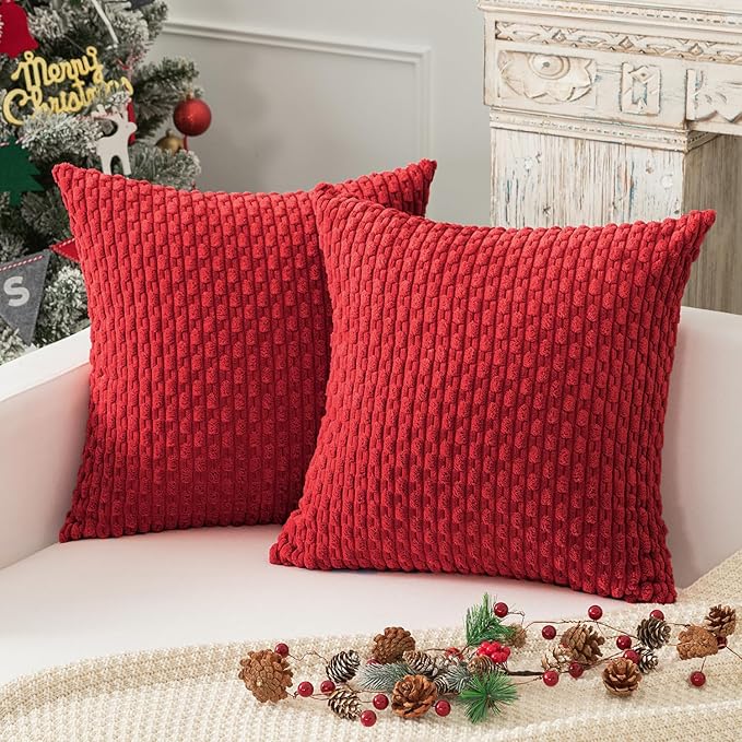 Kevin Textile Christmas Red Decorative Throw Pillow Covers 22x22 Inch 2 Packs for Living Room Couch Bed Sofa Soft Striped Corduroy Square Cushion Case 55x55 cm Rustic Farmhouse Boho Home Decor