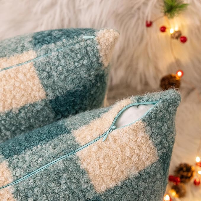 AQOTHES Green White Plaid Winter Throw Pillow Covers 18x18 Inch Set of 2, Boucle Faux Fur Pillow Covers,Cozy Fluffy Home Living Room Farmhouse Decor for Sofa Couch Bed