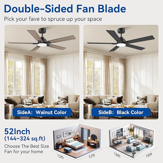 52Inch Smart Ceiling Fan with Lights Remote,APP&Voice Alexa WIFI Controled,Quiet Reversible DC Motor,Dimmable LED,Indoor Outdoor Modern Ceiling Fan,for Living Room Bedroom Patio Porch,Black&Walnut