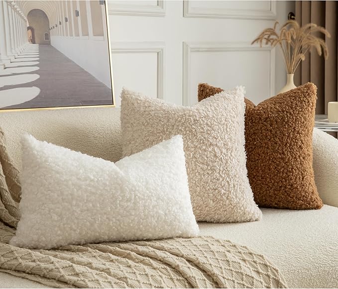 Pack of 2 Curly Teddy Wool Faux Fur Throw Pillow Covers Fuzzy Accent Soft Sherpa Pillowcases Sheepskin Fleece Decorative Cushion Case for Sofa Couch Living Room 24x24 Inch Bronze
