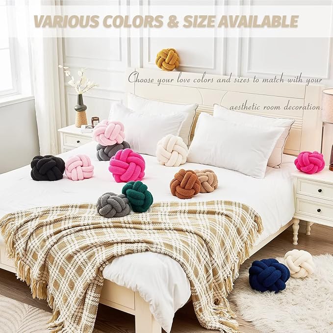 Uvvyui Knot Pillow Ball, Soft Ivory Home Decor Knotted Pillows, Handmade Round Plush Throw Pillow, Aesthetic & Cute Large Decorative Pillows for Bed, Floor, Couch, Bedroom Home Decor 8 inches