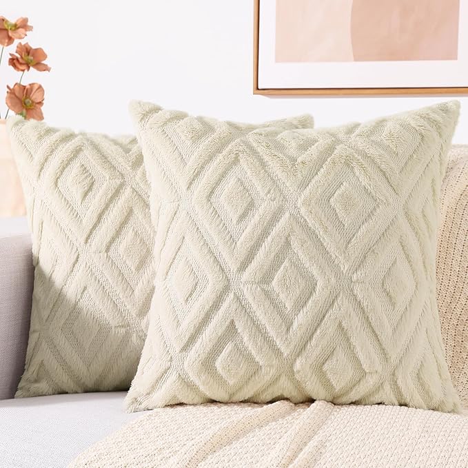 decorUhome Couch Throw Pillow Covers 20x20 Set of 2, Decorative Soft Plush Faux Wool Neutral Accent Pillow Covers for Bed Sofa Living Room, Beige