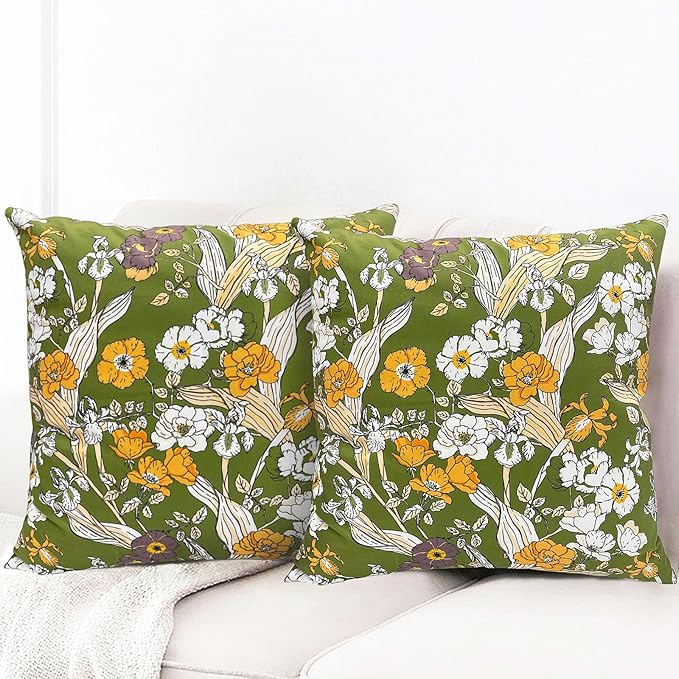 Decorative Throw Pillow Covers Set of 2 Green Pillow Covers 18x18 inch Soft Short Plush Square Freesia Floral Throw Pillows,Farmhouse Outdoor Pillow Covers for Couch Sofa Bed Living Room