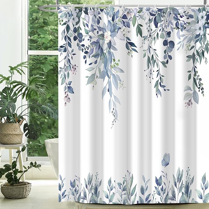 Eucalyptus Shower Curtain, Blue Watercolor Leaves with Floral Botanical Bathroom Decor, Waterproof Fabric Bath Curtain Set with Hooks, 72x72 Inches