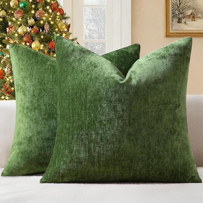decorUhome Chenille Moss Green Fall Throw Pillow Covers 22x22 Inch Set of 2, Decorative Soft Couch Pillow Covers Solid Dyed Accent Velvet Farmhouse Neutral Square Christmas Pillow Cases for Sofa