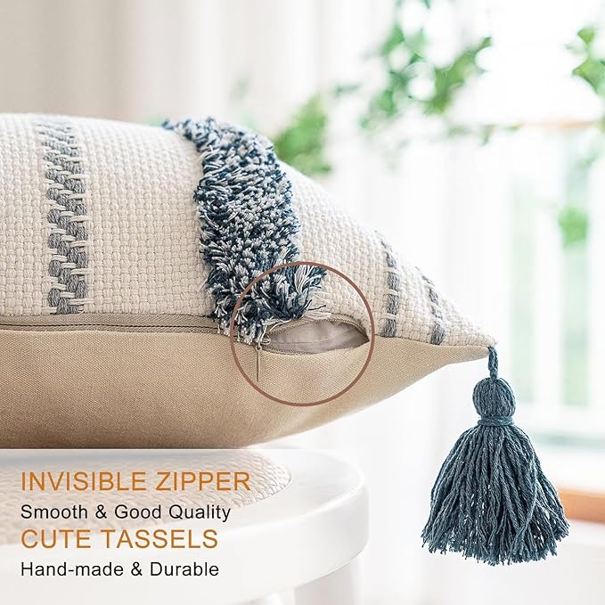 Boho Throw Pillow Covers 12x20 Set of 2 Woven Tufted Farmhouse Pillows Cover with Tassels Textured Striped Cushion Case Lumbar Pillow Cases Decorative Pillowcase for Sofa, Couch, Bed, Dark Blue