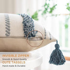Boho Throw Pillow Covers 12x20 Set of 2 Woven Tufted Farmhouse Pillows Cover with Tassels Textured Striped Cushion Case Lumbar Pillow Cases Decorative Pillowcase for Sofa, Couch, Bed, Dark Blue