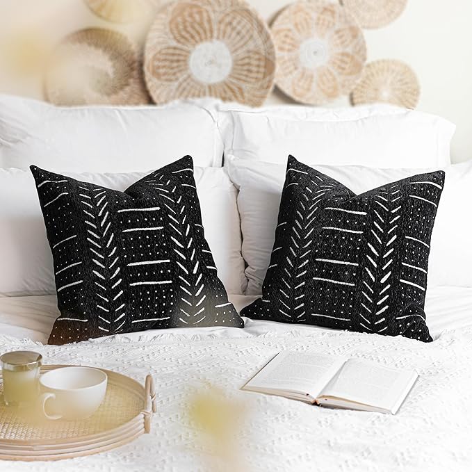 BlissBlush Black Decorative Throw Pillow Covers 20X20, Set of 2, Boho Farmhouse Cushion Cover, Cozy Soft Accent Pillowcase for Couch Sofa Bed Living Room Home Décor