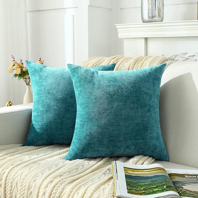 Jeneoo Decorative Dark Aqua Throw Pillow Covers Rustic Farmhouse Soft Square Chenille Comfy Solid Couch Cushion Cases for Sofa Bedroom (Set of 2, 18 x 18 Inches)
