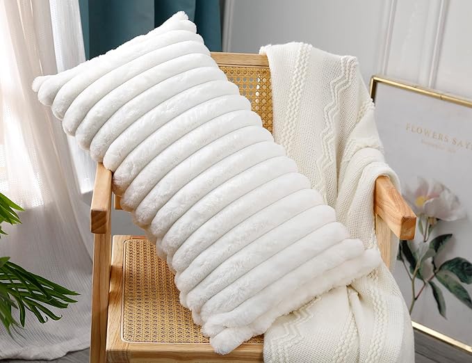 PANOD Faux Fur Decorative Lumbar Throw Pillow Covers 14 x 26,Long Boho Lumbar Pillow Covers Pillow Case Cushion Case for Bed Sofa Farmhouse Livingroom,White