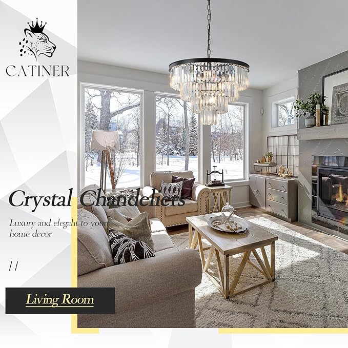Modern Black Crystal Chandeliers,24” Ceiling Round Chandelier,Luxury Flush Mount Pendant Light Fixture with Chain Farmhouse 4 Tiers K9 Chandelier for Dining Room Bedroom Foyer
