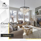 Modern Black Crystal Chandeliers,24” Ceiling Round Chandelier,Luxury Flush Mount Pendant Light Fixture with Chain Farmhouse 4 Tiers K9 Chandelier for Dining Room Bedroom Foyer