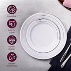 Aya's 60 Silver Rimmed Plastic Plates for Party, Heavy Duty Disposable Plate Set of 30 Dinner and 30 Dessert Plates for Weddings and Special Events, Fancy Disposable Tableware
