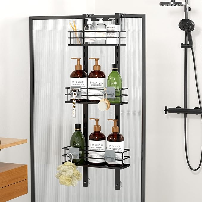 Orimade Adjustable Hanging Caddy, Bathroom Organizer Shelf Storage Rack, Rustproof Shower Basket, Matt Black 3 Tier