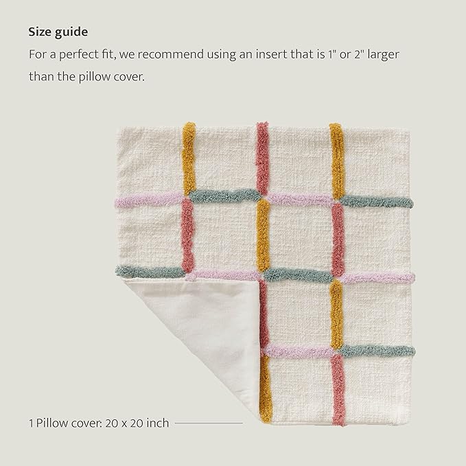Double Stitch Checkered Throw Pillow Covers - 100% Cotton Tufted Boho Decorative Pillow Covers 20x20, Made in India, Square Plaid Cushion Case, Modern Home Decor for Couch, Sofa, Living Room, Multi