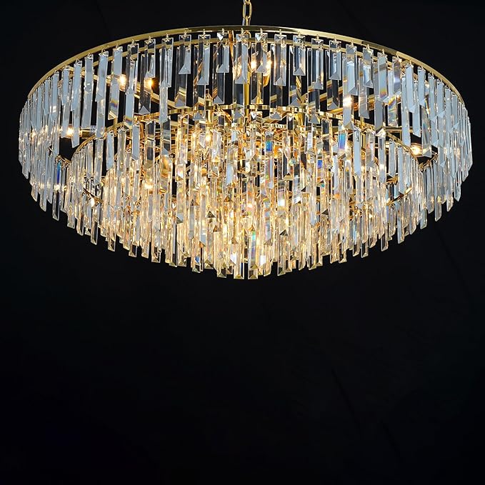 Gold Crystal Chandelier for Dining Room, 40" Modern Round Luxury Chandeliers 7-Tier 17 Lights Large Adjustable Height Ceiling Hanging Pendant Light Fixture for Living Room Bedroom Foyer