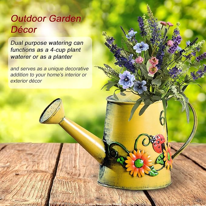 Westcharm Small 1 Liter Decorative Metal Sunflower & Ladybug Watering Can Vase for Indoor Outdoor Plants Home Decoration Garden Décor for Family Mother Gardener Plants Lover Friends (4 Cups | 32 OZ)