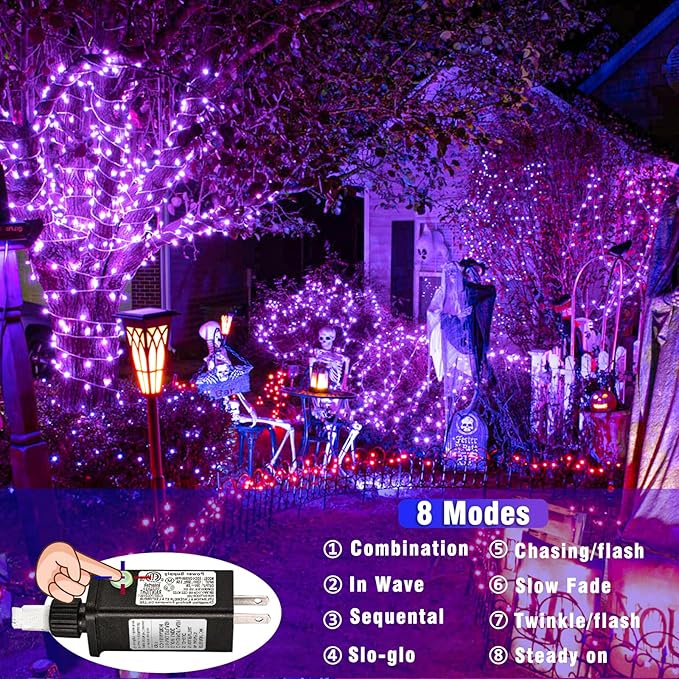 Vivideal 99ft 300 LED Halloween Lights Outdoor Waterproof, Purple String Lights Clear Wire with 8 Modes Plug in Purple Christmas Light for Tree Party Halloween Decorations