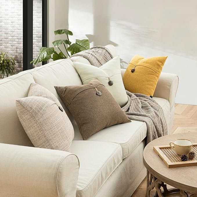 Phantoscope Pack of 2 Farmhouse Throw Pillow Covers Premium Coconut Button Vintage Linen Solid Decorative Pillow Cover for Couch Bed and Chair Coffee 12 x 20 inches 30 x 50 cm