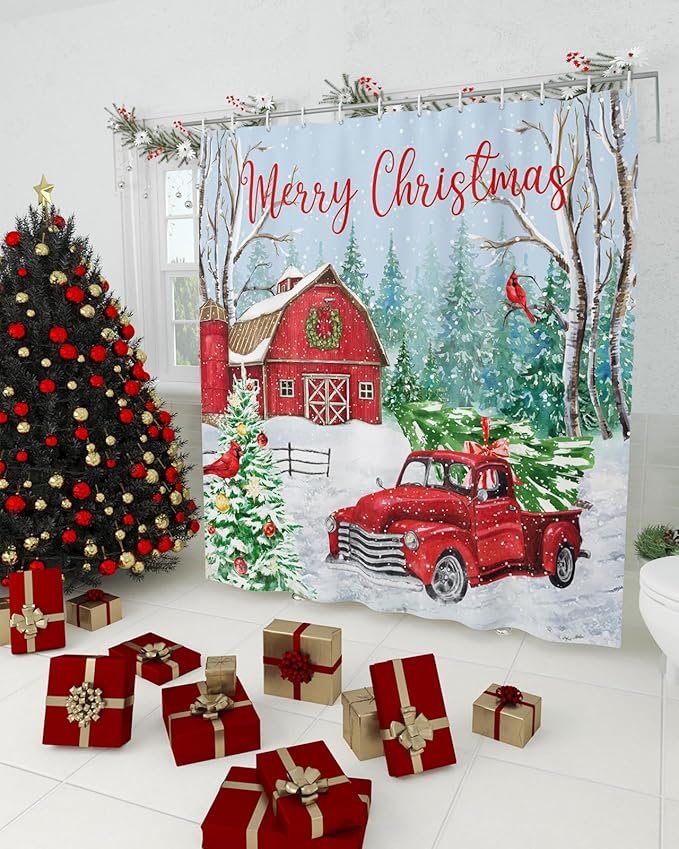 Vandarllin Red Truck Christmas Shower Curtain, Merry Christmas Farmhouse Shower Curtains Set with Hooks, Winter Xmas Tree Waterproof Fabric Bathroom Curtains Decor Home Accessories,72 X 72 Inch Long