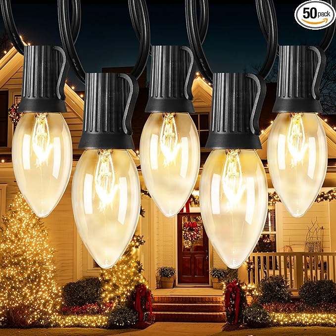 C9 Clear Christmas String Light, 50 Ft Vintage Christmas Tree Lights, Outdoor Waterproof Roofline String Lights with 50 Clear Bulbs for Patio Garden Holiday Indoor Wedding Home Decoration, Black Wire