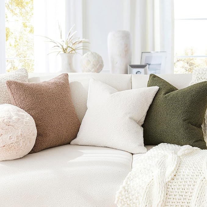 Foindtower Pack of 2, Curly Faux Fur Decorative Throw Pillow Covers Soft Neutral Plush Cushion Case with Zipper Cozy Pillowcase for Home Living Room Couch Bed Sofa 16 x 16 Inch, Cream White
