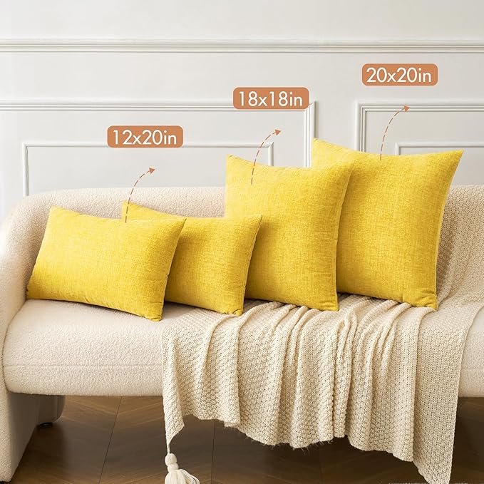 MIULEE Pack of 2 Couch Throw Pillow Covers 18x18 Inch Soft Yellow Chenille Pillow Covers for Sofa Living Room Solid Dyed Pillow Cases