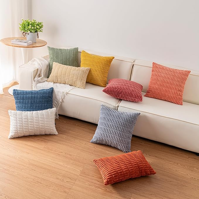 Pack of 2 Corduroy Decorative Throw Pillow Covers 20x20 InchSoft Boho Striped Pillow Covers Modern Farmhouse Home Decor for Sofa Living Room Couch Bed（Beige）