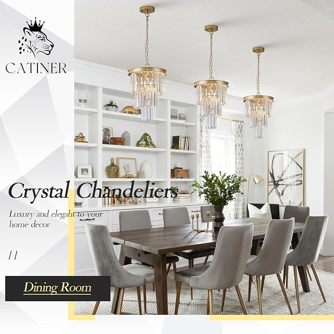 3 Pack Crystal Pendant Light for Kitchen Island, Mini Gold Modern Crystal Light Fixture Luxury for Dining Room, K9 Ceiling Pendant Light 3 Tiers for Hallway Bedroom Closet