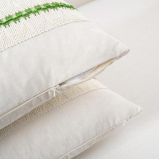 Fancy Homi Set of 2 Boho Lime Green Decorative Throw Pillow Cover 16x16 Inch for Couch Bed Sofa, Aesthetic Modern Organic Farmhouse Home Decor, Soft Cotton Cute Accent Macrame Woven Cushion Case
