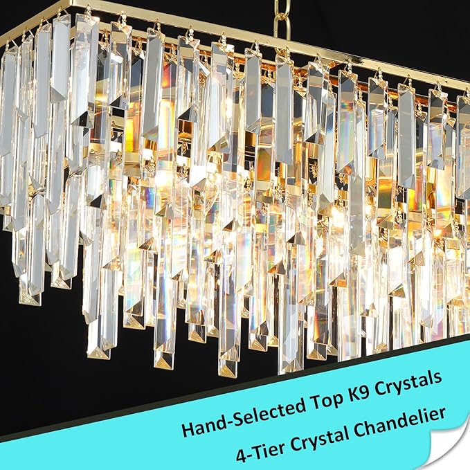 Rectangle Chandeliers for Dining Room, 47" Gold Modern Top K9 Rectangle Crystal Chandelier 14 Lights Rectangular Adjustable Pendant Ceiling Light Fixture for Dining Room Kitchen Island