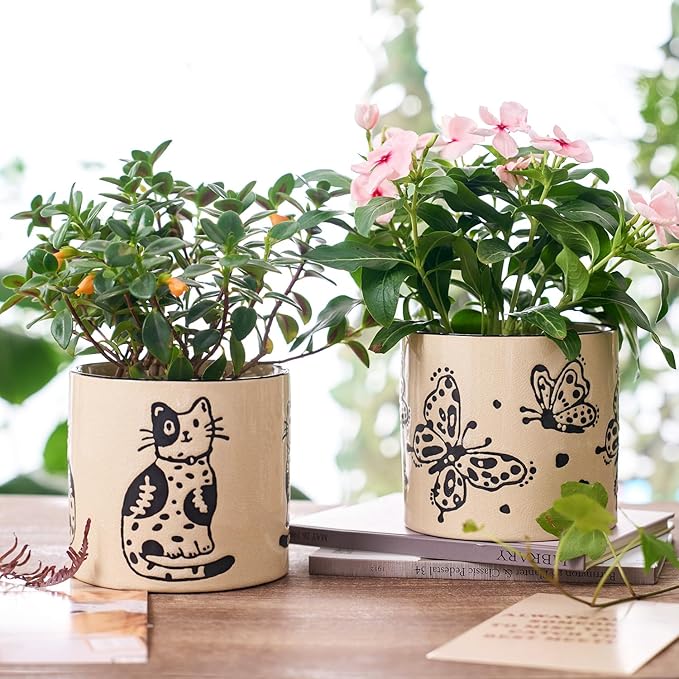 5 Inch Ceramic Plant Pots with Drainage Holes, Small Round Flower Pots for Indoor Plant, Unique Animal Flower Planters (Cat)