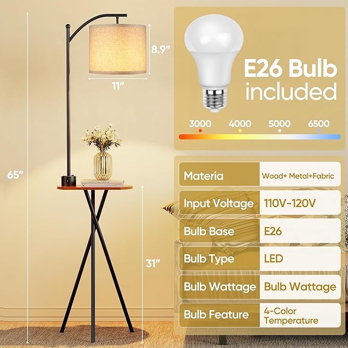 ROTTOGOON Floor Lamp with Table, End Table Lamp with Remote Control and Charging Station(USB A & Type-C & AC Port), 4 Color Temperatures, Floor Lamps for Living Room, Bedroom and Home Office,Black