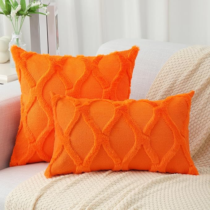 decorUhome Fall Throw Pillow Covers 26x26 Inch Set of 2, Soft Plush Faux Fur Wool Orange Couch Pillow Covers, Decorative Neutral Pillow Cases for Bed Sofa Living Room Home Decor