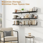 Fun Memories Extra Long Floating Wall Shelves, 48 x 8 Inches, Set of 3 Large Wood Floating Bookshelves with Metal Brackets for Storage & Display (Black)