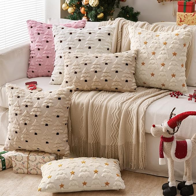 MIULEE Christmas Tree Decorative Pillow Covers Faux Fur Wool Throw Pillows Soft Plush Cushion Covers Set of 2 Xmas Home Decor Winter Holiday for Sofa Couch Livingroom Bed 18x18 Inch Cream