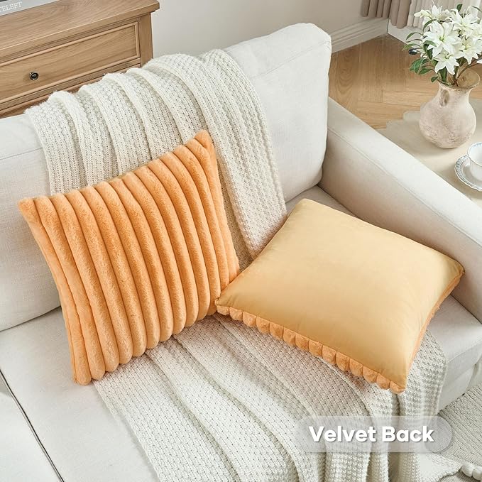 FUTEI Orange Striped Decorative Throw Pillow Covers 20x20 Inch Set of 2,Square Winter Decorations Couch Pillow Case,Soft Cozy Faux Rabbit Fur & Velvet Back,Modern Home Decor for Bed