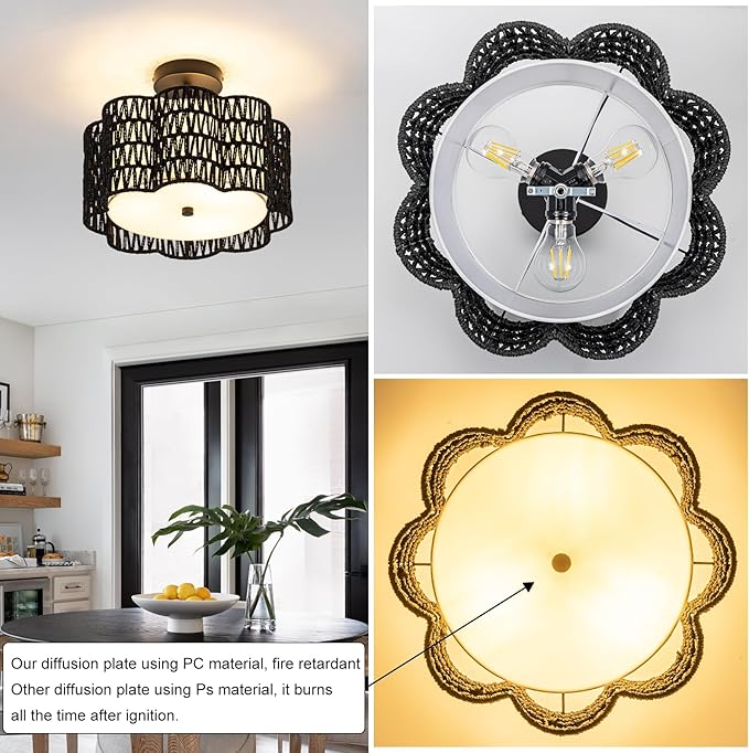 Tbaoinla✿ 13.8＂ Handwoven Rattan 3-Light | Black Boho Flush Mount for Small Bedroom & Nursery, Midnight Blossom Woven Ceiling Light, Natural Fiber Bedroom Fixture, Low Profile Rattan Lighting
