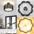 Tbaoinla✿ 13.8＂ Handwoven Rattan 3-Light | Black Boho Flush Mount for Small Bedroom & Nursery, Midnight Blossom Woven Ceiling Light, Natural Fiber Bedroom Fixture, Low Profile Rattan Lighting