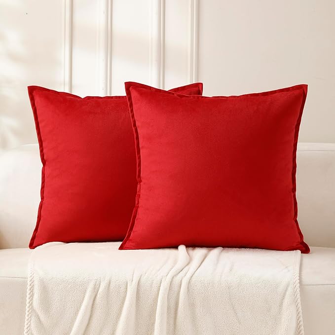 VAKADO Throw Pillow Covers 16x16 Set of 2 Red Fall Velvet Decor Decorative Couch Cushion Euro Pillowcases with Fringe Home Bed Decoration for Sofa Bedroom Office