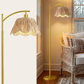Oneach Gold Floor Lamps for Living Room, Arc Floor Lamp with Hand-Woven Wicker Shade, Foot Switch,Metal Base & Pole,Boho Rattan Standing Lamp for Bedroom Living Room,Office,Reading