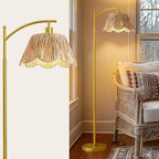 Oneach Gold Floor Lamps for Living Room, Arc Floor Lamp with Hand-Woven Wicker Shade, Foot Switch,Metal Base & Pole,Boho Rattan Standing Lamp for Bedroom Living Room,Office,Reading