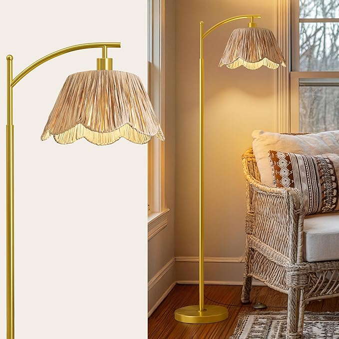 Oneach Gold Floor Lamps for Living Room, Arc Floor Lamp with Hand-Woven Wicker Shade, Foot Switch,Metal Base & Pole,Boho Rattan Standing Lamp for Bedroom Living Room,Office,Reading